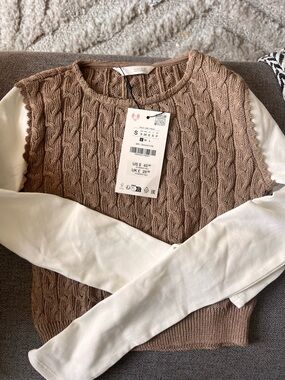 Zara Women Cable Knit Pullover Sweater with Contrast Sleeves - Brown